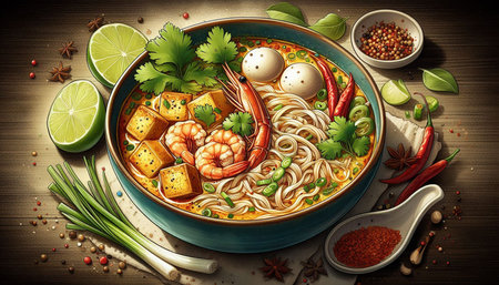 Noodle soup with shrimps and vegetables on wooden background.