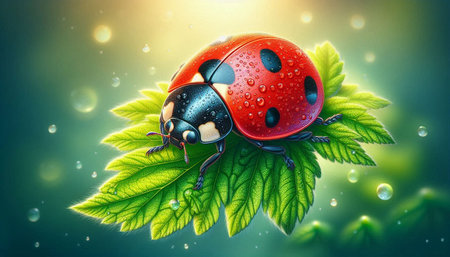ladybug on green leaf with bokeh background. 3d illustration