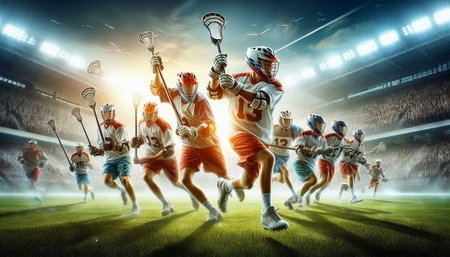 Lacrosse players in action at stadium. Mixed media. Mixed media