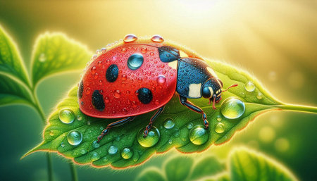 Ladybug on green leaf with dew drops. Nature background.