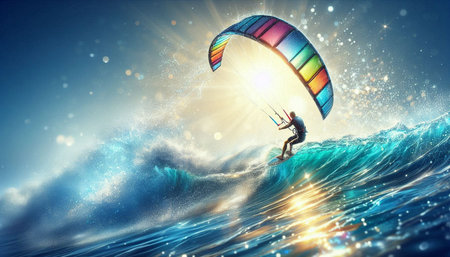 Kite surfing in ocean. Mixed media. Mixed media. Mixed mediaの写真素材