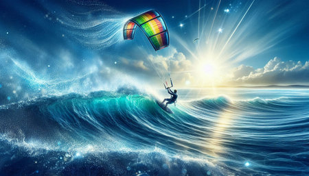 Kite surfing in the ocean. 3D illustration. Elements of this image furnished by NASA