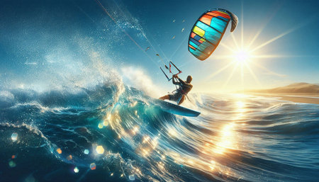 Kite surfing on the waves at sunset. 3d rendering.