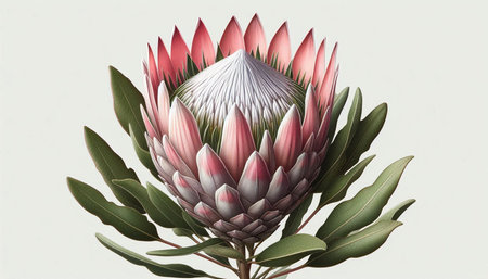 pink protea flower with green leaves on white background, 3d illustration