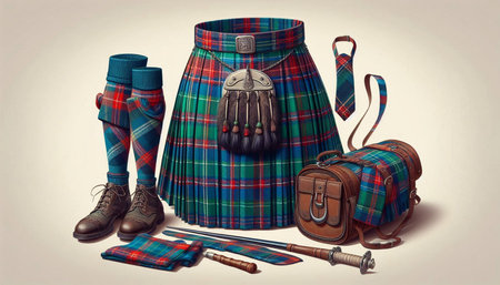 Scottish tartan kilt, bag and boots on a light background