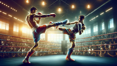 Two boxers fighting in the ring. Mixed media. Mixed mediaの写真素材