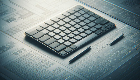 Computer keyboard and pen on the table. Toned in blue.