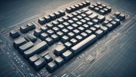 Computer keyboard on a circuit board. 3d rendering toned image