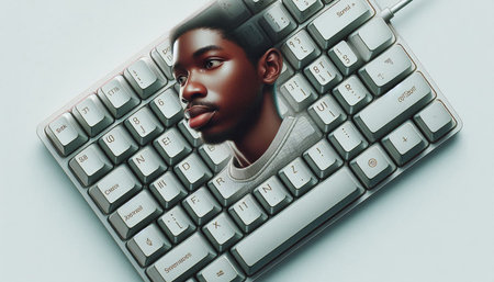 Top view of african american young man using computer keyboard on white background