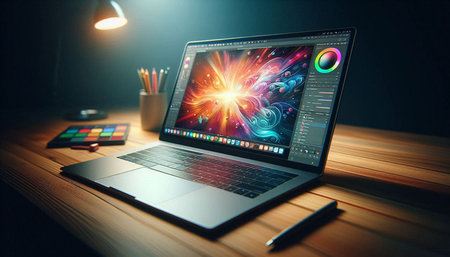 Laptop with abstract graphics on the screen. 3d rendering.