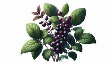 Bunch of black currant with leaves isolated on white background.の写真素材