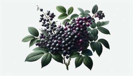 Bunch of black and purple berries with green leaves isolated on white background