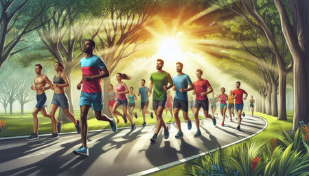 Group of people running in the forest. Healthy lifestyle and fitness concept.