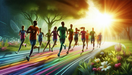 Marathon running race, people running on city road at beautiful sunset.