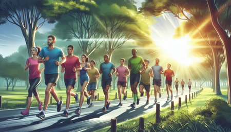 Group of sporty people running on a road in the forest.