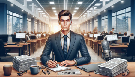 Serious young businessman sitting at the table in office. Toned image
