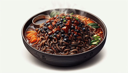 japanese udon noodle with vegetables and sesame seeds