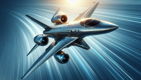Spaceship flying high in the sky. 3D rendering.