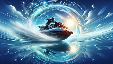 Digital illustration of speed boat in abstract space with waves and light effect