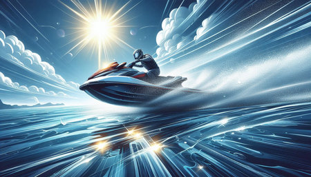 Speed boat in the sea. 3D illustration. Elements of this image furnished by NASA