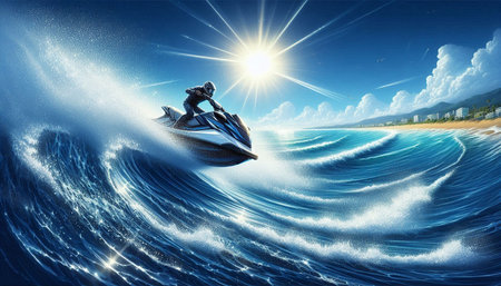 Man on a jet ski on the sea. 3D rendering.