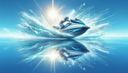 3d illustration of speed boat in the blue sea with sun rays