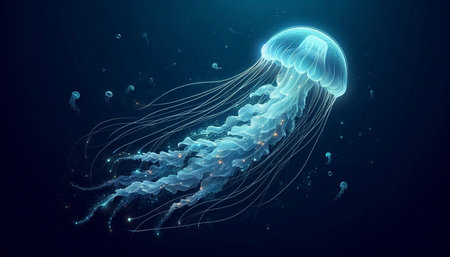 Blue jellyfish on a dark blue background. 3D Rendering