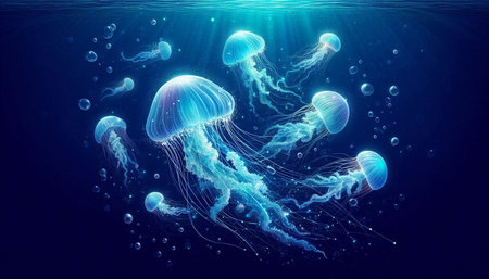Jellyfish in blue water. 3d rendering, 3d illustration.の写真素材