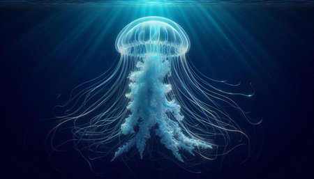 Blue jellyfish floating in deep blue water, 3D illustration.の写真素材