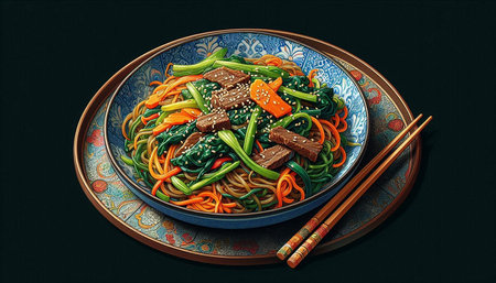Asian noodle with beef, vegetables and sesame seeds on a blue plate