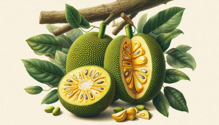 Fresh jackfruit with leaves on white background. 3d illustration.