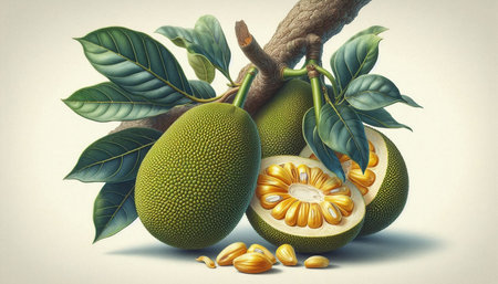 Jack fruit with leaves on a white background. 3D illustration.