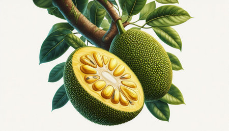 Jackfruit on the tree with green leaves. 3d illustration.