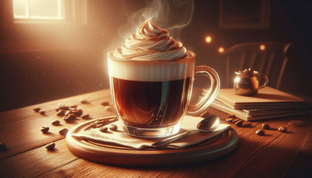 Cup of coffee with whipped cream and coffee beans on wooden table
