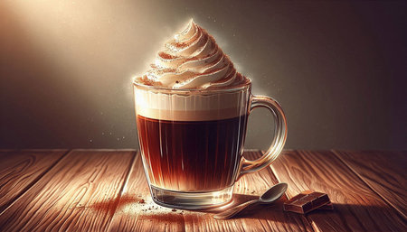 Cup of coffee with whipped cream and chocolate on the wooden table