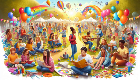 Group of students sitting at the table with books, pencils, pens, notebooks, pens, pencilsers,...