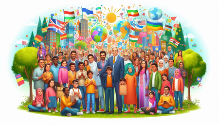 Multiethnic group of people in the world. Vector illustration.