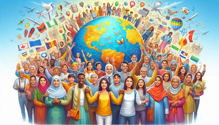 Multiethnic Group of People with World Map and International Travel Concept