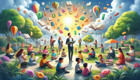 Children reading books in the park. Back to school. Education concept.