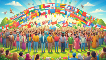 Multiethnic Group of People with Flags Celebration International Unity Day Concept
