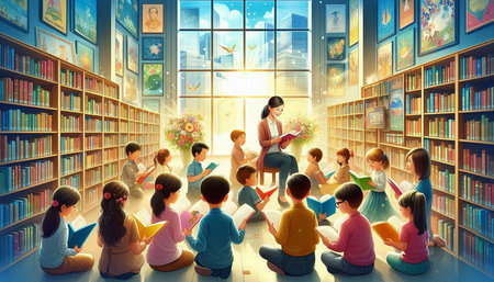 Children reading a book in the library at school. Education concept.