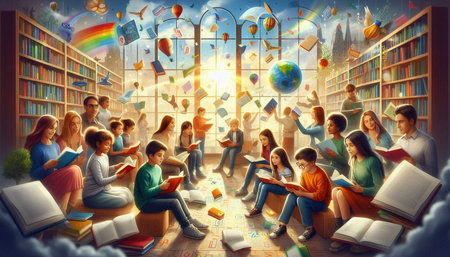 Group of people reading books in the library. Elements of this image furnished by NASA