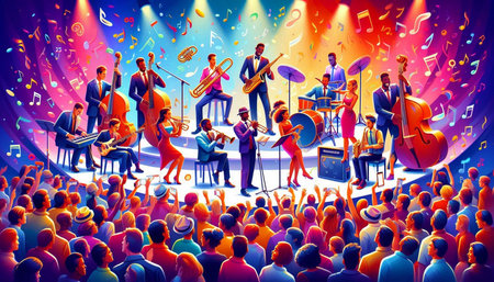 Musical group of jazz musicians performing on stage. Vector illustration.