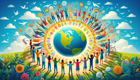 Conceptual image of group of people around the globe. Vector illustration.