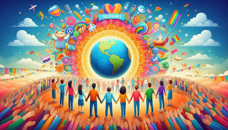 Earth Day Global Celebration Holiday Concept. Group of People Holding Hands around the Earth Globe