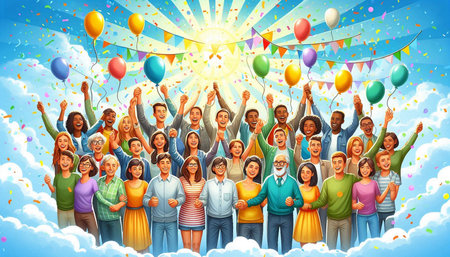 Group of happy people celebrating birthday party with balloons. Vector illustration.の写真素材