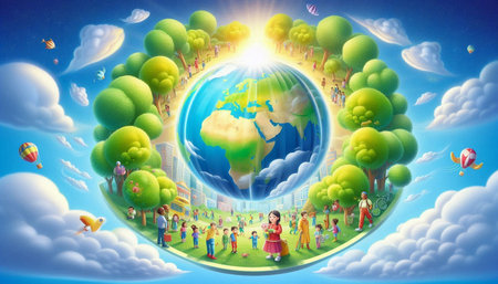 Children in the park with the globe. Elements of this image furnished by NASA