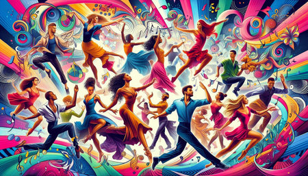 Dancing people. Colorful background with dancing people. Vector illustration.