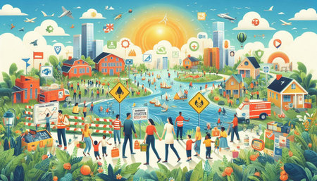 Cityscape with people walking in the park. Urban landscape. Vector illustration.