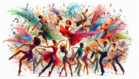 illustration of group of dancing people with music notes in the background
